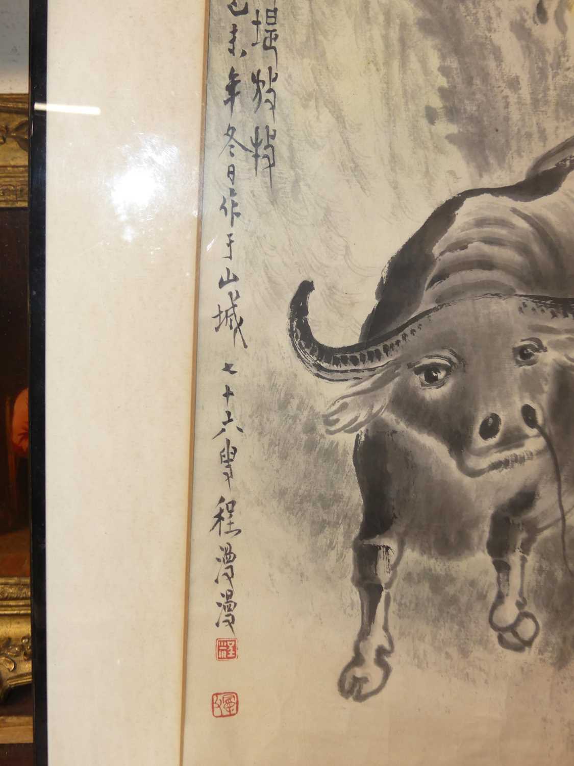 Early 20th century Japanese sepia watercolour depicting water buffalo, signed and with studio seals, - Image 3 of 3