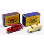 Matchbox Lesney boxed group, 2 models comprising No. 9a Dennis Fire Escape, red body, metal