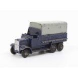 Dinky 151b 6 wheel covered wagon, comprising dark blue body with grey tilt, black hubs, play worn