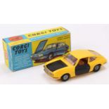 Corgi Toys No. 332 Lancia Zagato Fulvia, yellow body with black bonnet and black doors, brown