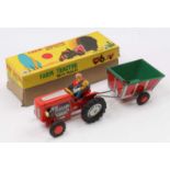 Modern Toys Japan tinplate friction drive Farm Tractor with Trailer, red tractor, with printed