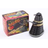 Marx (Swansea) plastic and friction drive Dalek, black body with gold banding, grey attachments,