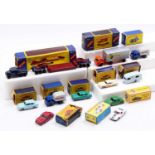 A collection of part boxed Matchbox Lesney miniatures, with examples including No. 33 Ford Zodiac in