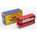 Matchbox Lesney No. 5 Routemaster London Bus, red body, with silver trim, grey plastic wheels, and