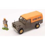 Britains, No.9676, LWB Land Rover, drab green with orange canope and tan hubs, with driver figure