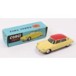 Corgi Toys 210 Citroen DS19, pale yellow body, red roof, silver trim, flat spun hubs, housed in