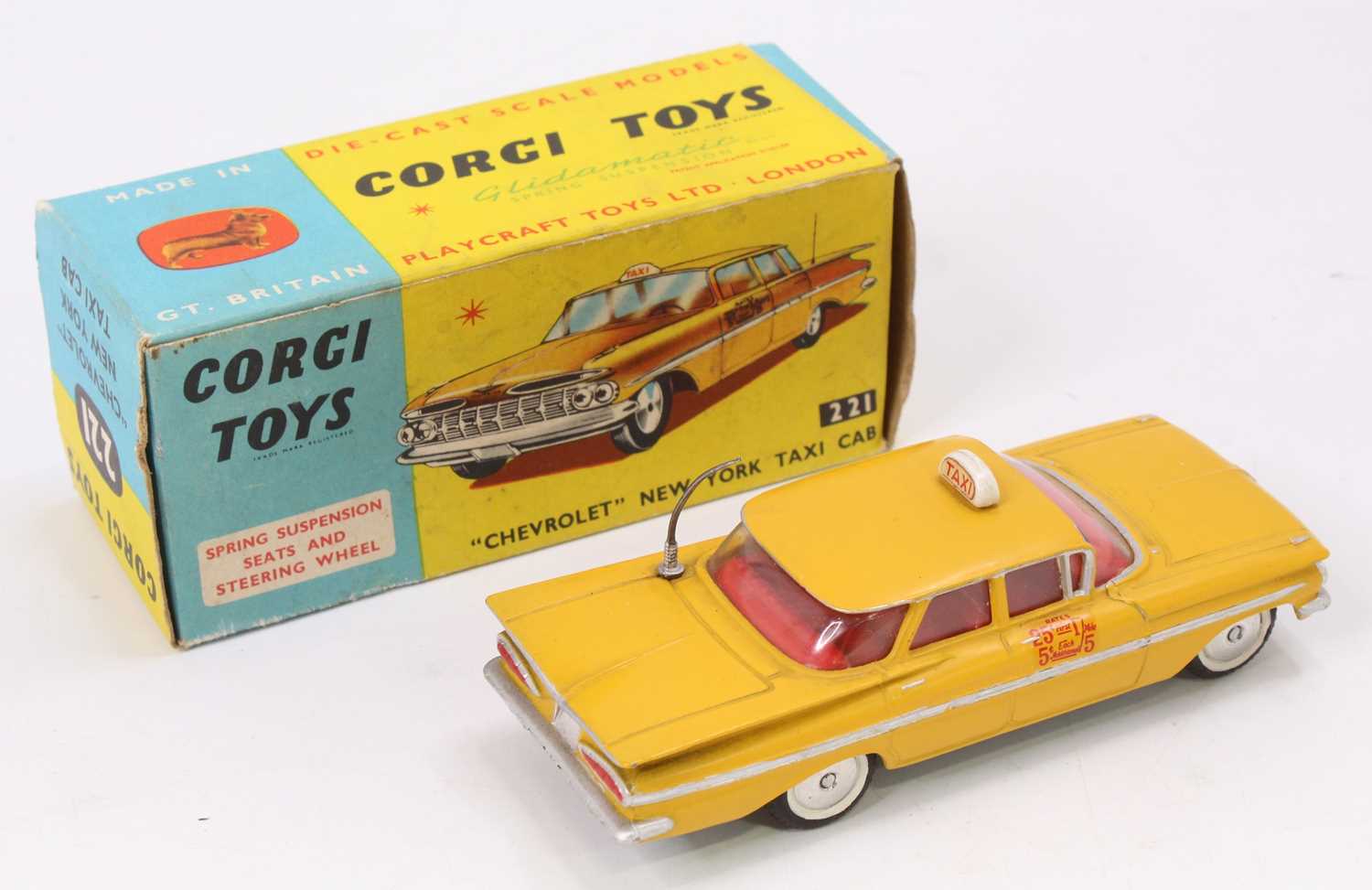Corgi Toys No. 221 Chevrolet New York taxi cab in yellow with red interior and spun hubs and white - Image 2 of 2
