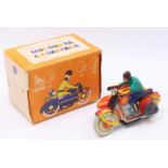 A Russian tinplate and clockwork 1950s motorcycle and sidecar, bright tinplate decoration, with