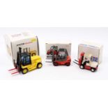 A collection of three various boxed mixed scale diecast forklift models to include an NZG No. 362