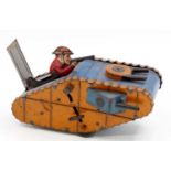 Louis Marx New York USA tinplate and clockwork World War 1 style tank comprising orange and blue