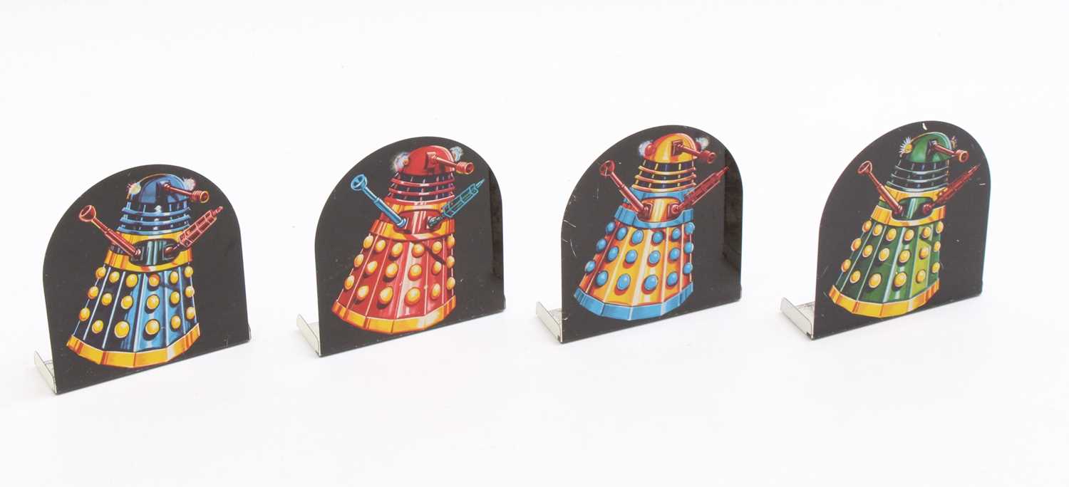 A Louis and Marx Toys Doctor Who Dalek shooting game copyright 1965. Set includes a cork gun, four - Image 3 of 6