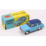 Corgi Toys No. No. 216 Austin A40 saloon, blue body with dark blue roof and silver trim, flat spun