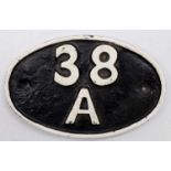 A cast iron Colwick shed plate, Number 38A, white on black example, reproduction