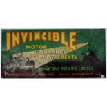 An early to mid 20th century Invincible Motor Insurance tin advertising sign, all colour example, to