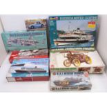 A collection of 7 mixed model kits, with examples including a Bandai 1/16th scale Steam Traction