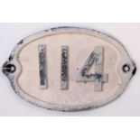 An original cast iron British Railways bridge number plate, No. 114, black on white example, has