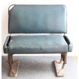 An original 1930s London Tram metal framed and upholstered upper deck tram seat with hinged seat,