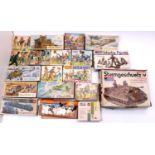 Large box of various plastic military kit and figure packs, to include Airfix, Minitanks, and