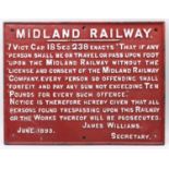 A Midland Railway James Williams cast iron June 1893 Prosecution Notice, white on red example,