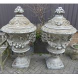 A pair of large decorative painted fibreglass garden pedestal urns and covers, each h.142cm