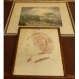 EJ Tindor - View of Pen Hill, Yorkshire, watercolour, 25x35cm, together with a pastel portrait (2)