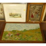 A Victorian woolwork in birds eye maple frame, 30x23cm, one other modern woolwork, and a