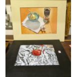 Contemporary school - still life with garlic and onion, oil on oak panel, indistinctly signed,