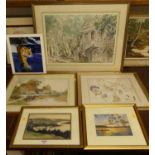 Assorted pictures and prints to include after William Russell Flint - landscape watercolour etc