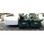 A pair of green painted wrought metal shaped rectangular floral decorated garden planters, each