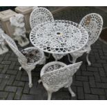 A white painted galvanised metal patio suite, comprising a circular table, dia.75.5cm, and a set