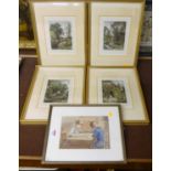 A framed set of four colour engravings, each 18x14cm, and interior scene, children studying