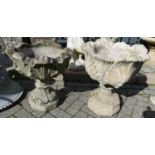 Two similar reconstituted stone pedestal garden urns, each in the classical taste, the larger dia.