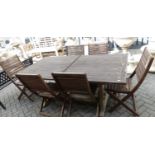 A contemporary Bentley stained and slatted teak garden suite, comprising extending table with pull-