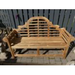 A contemporary slatted teak Lutyens three-seater garden bench, width 165cm