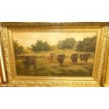 Circa 1900 school - study of highland cattle before a river, oil on canvas, 34x59cm