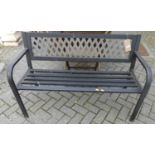 A modern black painted metal two-seater garden bench, width 119cm