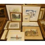 Assorted pictures and prints to include landscape and boating watercolours, etc