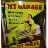 A modern printed metal wall sign reading My Garage - My Rules, 70 x 50cm