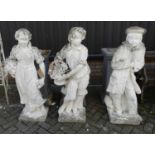 A set of three white painted reconstituted stone garden figural statues, modelled as Dutch fruit and