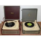 An Emisonic R11M portable record player, w.32cm, together with a similar HMV example, w.30cm. (2)