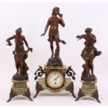 A 19th century spelter and onyx figural clock garniture, the enamelled dial showing Arabic numerals,