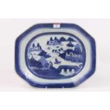 A 19th century Chinese blue and white meat plate, 31 x 39cm Has been restored.