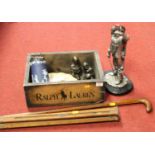 A collection of miscellaneous items to include bronzed figures, and a jasper ware tankard