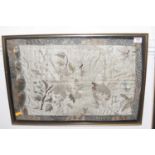 A pair of Chinese silks, decorated with figures within a landscape, 53x10cm, framed, together with