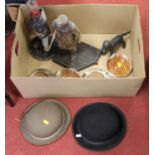 Miscellaneous items to include bowler hats, silver plated wine coasters, etc