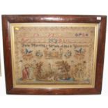 A Victorian needlework sampler, inscribed "Jane Herring's Work, Aged 8 Years 1851", 47x64cm,