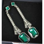 A pair of Art Deco style paste set ear pendants, of good size, 8cm