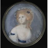 19th century school - Bust portrait of a maiden, miniature watercolour on ivory, 9.5 x 8.3cm, in