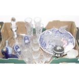 A box of glassware and ceramics to include blue jasper ware and Edinburgh Crystal ship's decanter