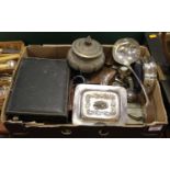 A box of silver plated wares, to include cruets, cased cutlery sets, and cigarette cases